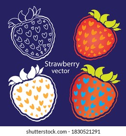 Strawberry vector in color and black and white line on dark background. Seeds with hearts. Print on clothes, postcards, menus, juice, for children's books, for packaging design, coloring