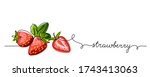 Strawberry vector color illustration, background, banner for label design. One continuous line drawing of strawberry with lettering. Editable black stroke.