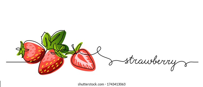 Strawberry vector color illustration  background  banner for label design  One continuous line drawing strawberry and lettering  Editable black stroke 