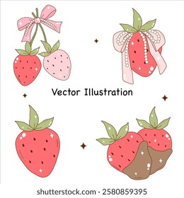 Strawberry Vector Cute Strawberry Fruits Strawberry with Pearl Coquette Bow Vector Illustration