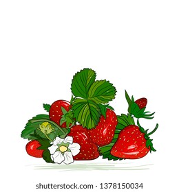 Strawberry vector drawing. Isolated berry group sketch on white background. Summer fruit illustration. Detailed hand drawn vegetarian food. Great for label, poster, print