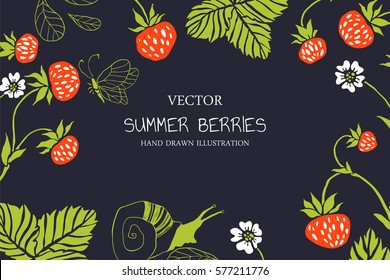 Strawberry. Vector floral background. Hand drawn illustration with berries, butterfly and snail