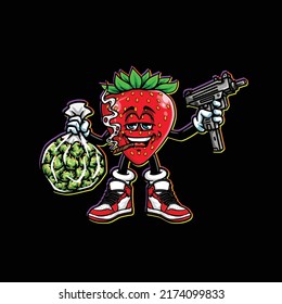 strawberry vector hold gun, weed nug bag and smoking blunt cannabis bud flower marijuana and happy face