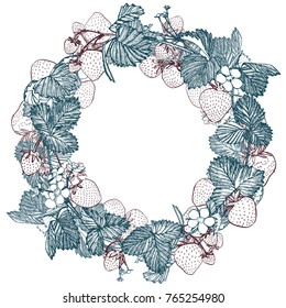 Strawberry vector illustration. Engraved style illustration. Sketched hand drawn berry, flowers, leafs and branches.