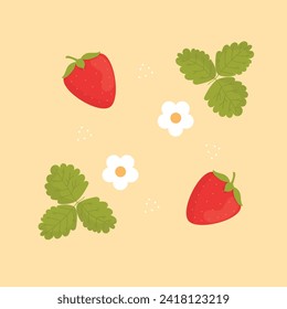 Strawberry vector illustration set. Berry, flowers, leaves isolated. Summer garden design elements in cartoon, flat style. 