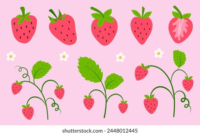 Strawberry vector illustration set. Summer garden design elements for textile, backdrop, wallpaper