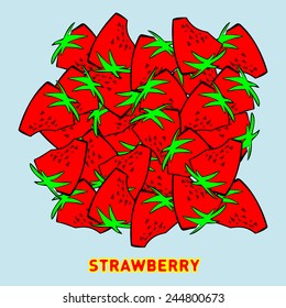 Strawberry vector, mountain lots of ripe berries, cartoon cheerful fruit,