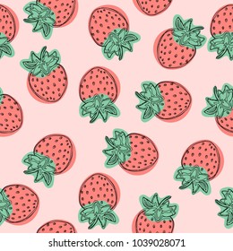 Strawberry vector pattern, fruit illustration on pink background, Good for wallpaper.