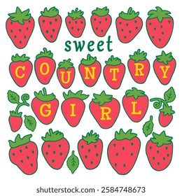 Strawberry vector print illustration with text Country sweet girl. Red strawbbery country girl hand drawn pattern floral decoration for design or print