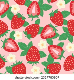 Strawberry vector repeat pattern, seamless background with fruits