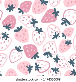 Strawberry vector seamless pattern. Berries in a simple hand-drawn Scandinavian style. Illustration in limited pastel colors ideal for printing on fabric, wrapping paper.