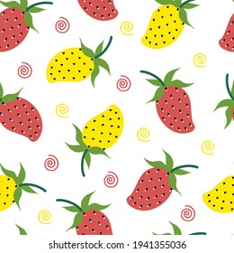 Strawberry vector seamless pattern. Bright berries of red and yellow strawberries on a white background. Summer fruits hand drawn in flat style. Color doodle