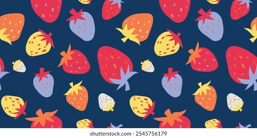 Padrão sem emenda do vetor de morango. Fundo gráfico colorido de morangos. Design de vetor de morango para tecido, papel, papel de parede, capa, decoração, embalagem, outro uso. Ilustração do vetor de frutas