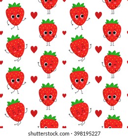 Strawberry, vector seamless pattern with cute fruit characters and hearts isolated on white
