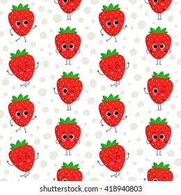 Strawberry, vector seamless pattern with cute fruit characters on dotted background