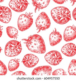 Strawberry vector seamless pattern drawing. Isolated hand drawn berry on white background.  Summer fruit engraved style illustration. Detailed vegetarian food. 