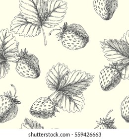 Strawberry. Vector Seamless Pattern. Floral Hand Drawn Illustration