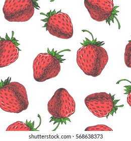 Strawberry. Vector seamless pattern. Floral hand drawn illustration with red berries isolated on white