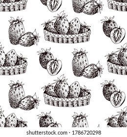 Strawberry vector seamless pattern. Isolated berry branch sketch on white background. Summer fruit engraved style illustration. Detailed hand drawn vegetarian food. Great for label, poster, print