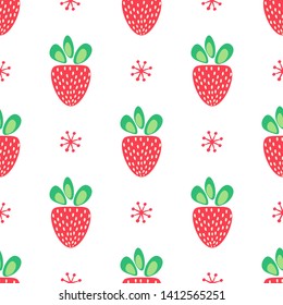 Strawberry vector seamless pattern of red berries with green leaves in simple decorative style on white background.