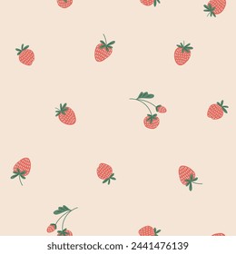 Strawberry vector seamless pattern. Red berry on light beige background. Cute fruit seamless print for fabric or wrapping paper design. 