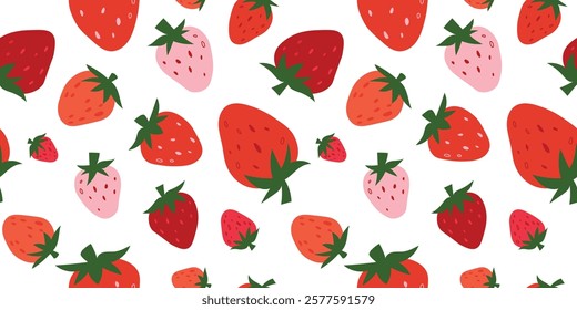 Strawberry vector seamless pattern. Red strawberries graphic background. Strawberry vector design for fabric, paper, wallpaper, cover, decoration, wrapping, other use. Fruit vector illustration