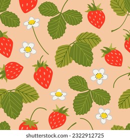 Strawberry vector seamless pattern. Sweet red berries, white flowers, leaves on pink background. Summer plants, fruits illustration. Hand drawn cartoon wild woodland strawberry repeated print design