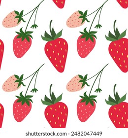 Strawberry vector seamless pattern. Sweet red and pink berries on transparent background. Summer plants, fruits illustration. Hand drawn wild woodland strawberry repeated print design
