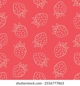 Strawberry vector seamless pattern. White line doodle drawings on red background.