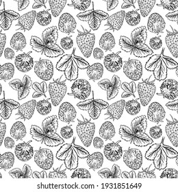 Strawberry vector seamless pattern.Hand draw berry,flower, leaf.  Fruit illustration monochrome.Sketch. Print for fabric, packaging, label, poster, print. Line. 