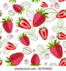 Strawberry vector seamless patterns of sliced ??fruit and leaves painted with watercolors on white background. 