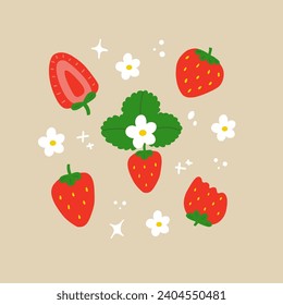 Strawberry vector set. Red berry illustration. Isolated design elements. Different strawberries, leaves and flowers in trendy flat hand drawn style. Scalable clipart for web, logo, print, stickers.