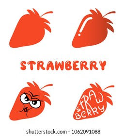 Strawberry vector set. Silhouette and cartoon element of fruit.