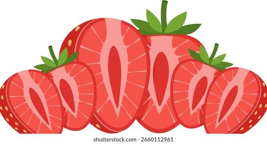 Vector de fresa. Dulce fruta roja cortada por la mitad para un refrescante jugo de verano.