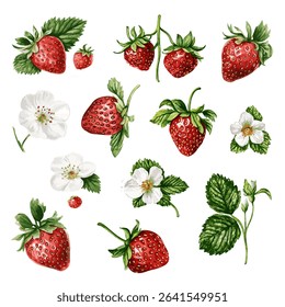 Erdbeervektor, Aquarell. Set von Sommer-Erdbeerelementen.