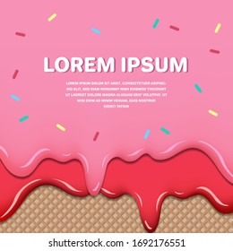 Strawberry and Velvet ice cream melted on vanilla cone background vector