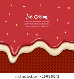 Strawberry velvet and vanilla ice cream melted on Strawberry Velvet waffle cone background collection