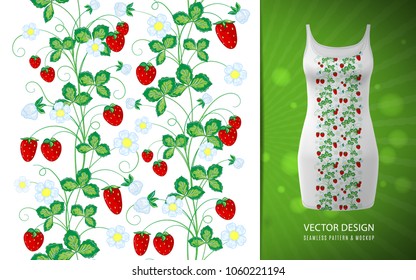 Strawberry vertical seamless borders . Vector illustration. Hand draw strawberry seamless border, used on summer dress mock up. Natural colors on white background.