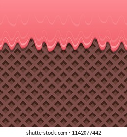 Strawberry wafer background with flowing chocolate.
