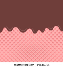 Strawberry wafer background with flowing chocolate.