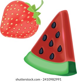 strawberry and watermelon 3D. Icons 3d realistic render vector object. summer, watermelon, red, fruit, healthy, fresh, diet, slice, strawberry, food, dessert