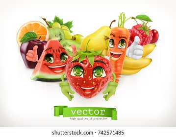 Strawberry, watermelon, carrot and juicy fruits. Funny cartoon characters. Kids food, 3d vector illustration