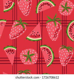 Strawberry watermelon hand drawn seamless pattern. Ideal for background, wallpaper, textile, backdrop, wrapping paper. Pattern design.
