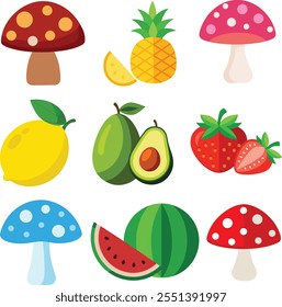 strawberry, watermelon, lemon, avocado, brown, pink, red, or blue agaric mushroom, watermelon , and pineapple Vector illustration in flat style .