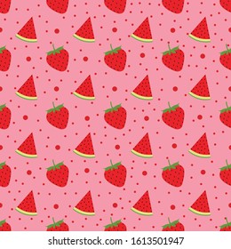 Strawberry and watermelon seamless pattern with red dots isolated on pink background. Easy to edit, ready to print, suitable for background, wallpaper, printing, clothes, wrapping etc.