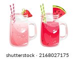 Strawberry and watermelon smoothie on a white background.Summer refreshing cocktails in jars with watermelon and fresh strawberries.Vector illustration.