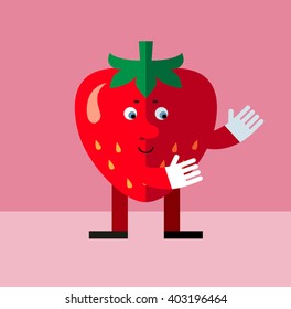 Strawberry with welcome hands. Flat style vector illustration . Funny cartoon character