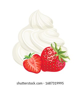 Fresa con crema batida aislada sobre fondo blanco. Imagen vectorial de delicioso postre dulce con bayas rojas en estilo plano de caricatura. Icono de comida.