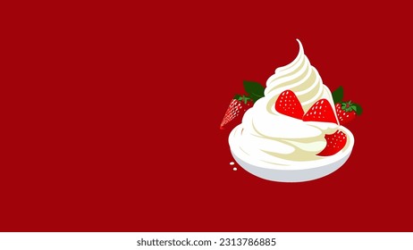 Strawberry with whipped cream isolated on a red background. Vector illustration of a delicious sweet dessert with red strawberry in the cartoon. Food icon.