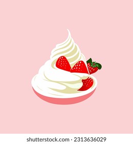 Strawberry with whipped cream isolated. Vector illustration of a delicious sweet dessert with red strawberry in the cartoon. Food icon.